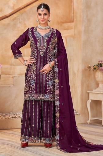 Maroon vichitra silk readymade plazzo suit with embroidery & lace work