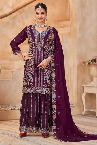 Maroon vichitra silk readymade plazzo suit with embroidery & lace work