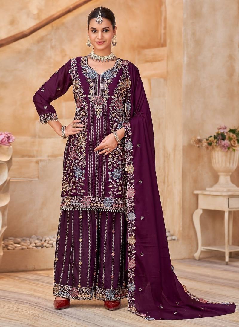 Maroon vichitra silk readymade plazzo suit with embroidery & lace work