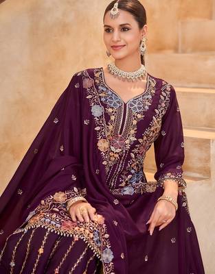 Maroon vichitra silk readymade plazzo suit with embroidered lace  2