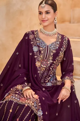 Maroon vichitra silk readymade plazzo suit with embroidered lace 