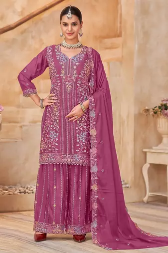 Magenta vichitra silk readymade plazzo suit with embroidery & lace work