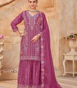 Magenta vichitra silk readymade plazzo suit with embroidery & lace work