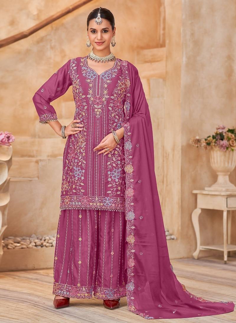 Magenta vichitra silk readymade plazzo suit with embroidery & lace work