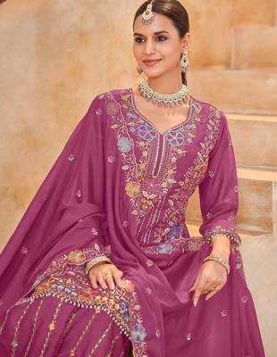 Magenta vichitra silk readymade plazzo suit with embroidered lace  2
