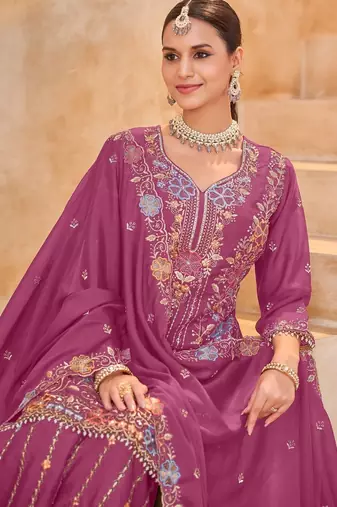 Magenta vichitra silk readymade plazzo suit with embroidered lace 