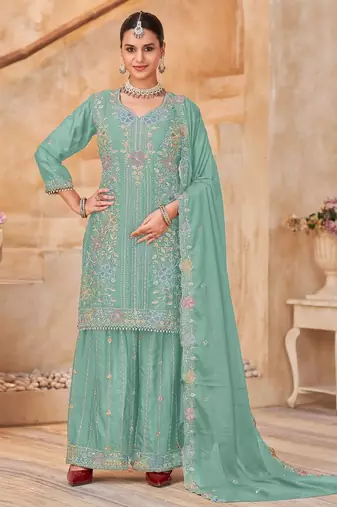 Sky blue vichitra silk readymade plazzo suit with embroidery & lace work