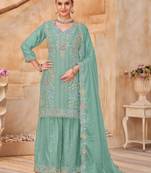 Sky blue vichitra silk readymade plazzo suit with embroidery & lace work