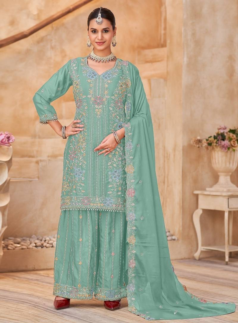 Sky blue vichitra silk readymade plazzo suit with embroidery & lace work