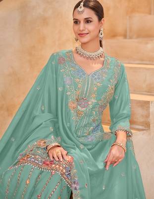 Sky blue vichitra silk readymade plazzo suit with embroidered lace  2