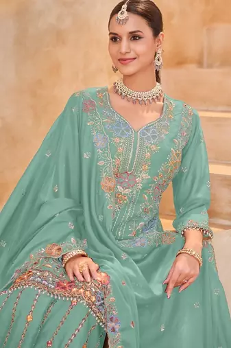 Sky blue vichitra silk readymade plazzo suit with embroidered lace 