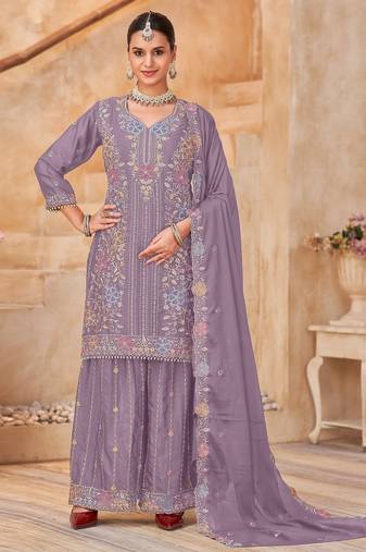 Lavender vichitra silk readymade plazzo suit with embroidery & lace work
