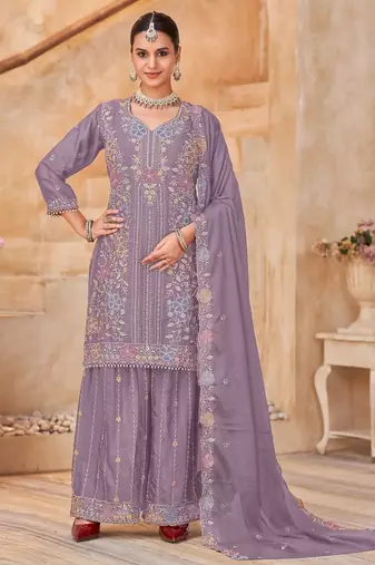 Lavender vichitra silk readymade plazzo suit with embroidery & lace work