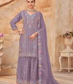 Lavender vichitra silk readymade plazzo suit with embroidery & lace work