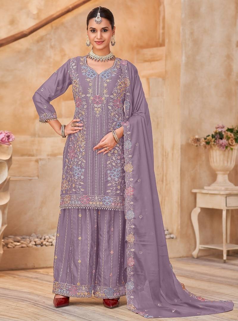 Lavender vichitra silk readymade plazzo suit with embroidery & lace work