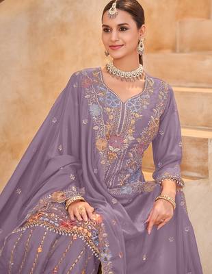 Lavender vichitra silk readymade plazzo suit with embroidered lace  2