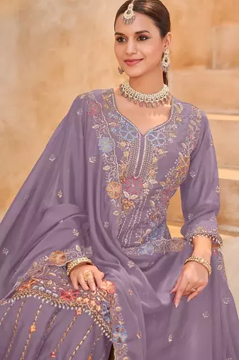 Lavender vichitra silk readymade plazzo suit with embroidered lace 