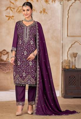 Purple vichitra silk readymade suit with embroidered lace  2