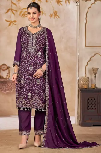 Purple vichitra silk readymade suit with embroidery & lace work