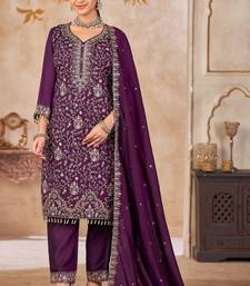 Purple vichitra silk readymade suit with embroidered lace 
