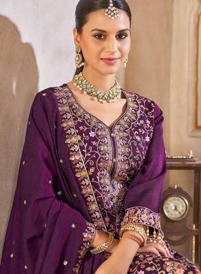 Purple vichitra silk readymade suit with embroidered lace  4