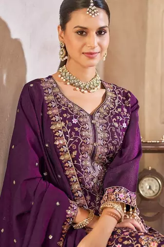 Purple vichitra silk readymade suit with embroidered lace 