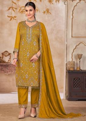 Mustard vichitra silk readymade suit with embroidered lace  2