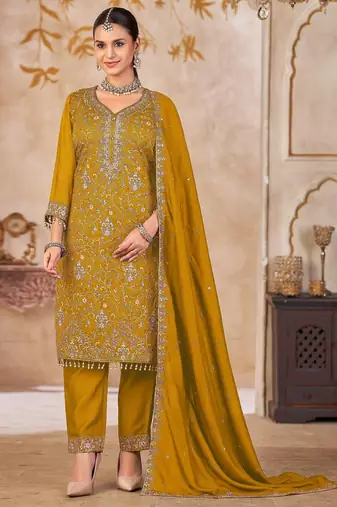 Mustard vichitra silk readymade suit with embroidery & lace work