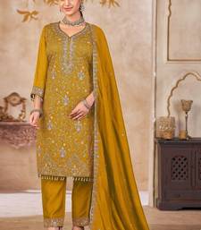 Mustard vichitra silk readymade suit with embroidered lace 