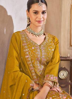 Mustard vichitra silk readymade suit with embroidered lace  4