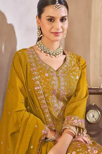 Mustard vichitra silk readymade suit with embroidered lace 