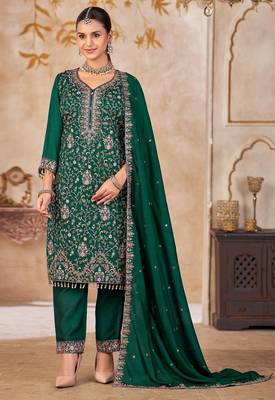 Green vichitra silk readymade suit with embroidered lace  2