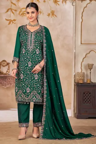 Green vichitra silk readymade suit with embroidery & lace work