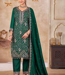 Green vichitra silk readymade suit with embroidered lace 