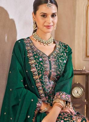 Green vichitra silk readymade suit with embroidered lace  4