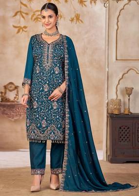 Blue vichitra silk readymade suit with embroidered lace  2