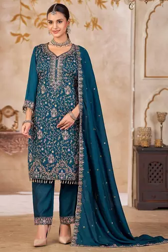 Blue vichitra silk readymade suit with embroidery & lace work