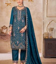 Blue vichitra silk readymade suit with embroidered lace 