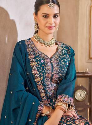 Blue vichitra silk readymade suit with embroidered lace  4