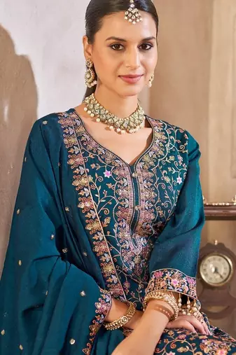 Blue vichitra silk readymade suit with embroidered lace 