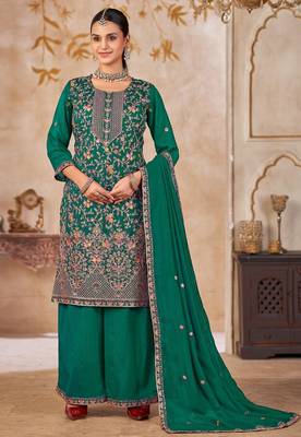 Emerald vichitra silk readymade plazzo suit with embroidered lace  2