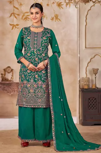 Emerald vichitra silk readymade plazzo suit with embroidery & lace work