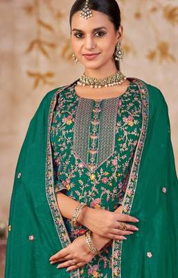 Emerald vichitra silk readymade plazzo suit with embroidered lace  4