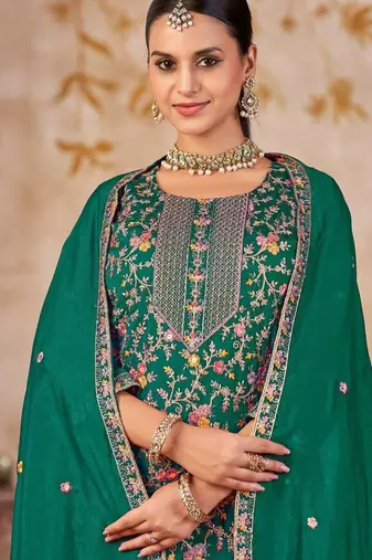 Emerald vichitra silk readymade plazzo suit with embroidered lace 