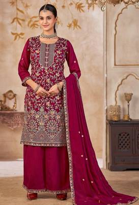Maroon vichitra silk readymade plazzo suit with embroidered lace  2
