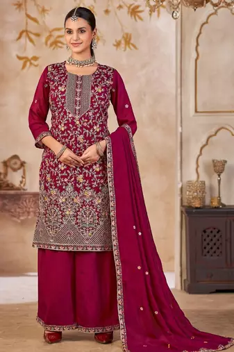 Maroon vichitra silk readymade plazzo suit with embroidery & lace work