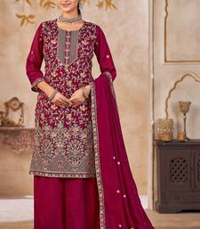 Maroon Vichitra Silk Readymade Plazzo Suit With Embroidery & Lace Work