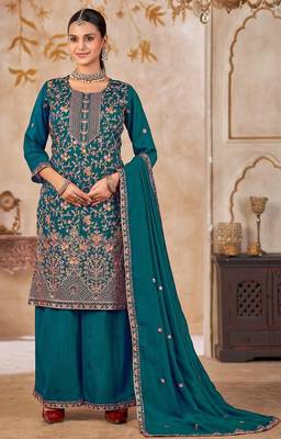 Blue vichitra silk readymade plazzo suit with embroidered lace  2