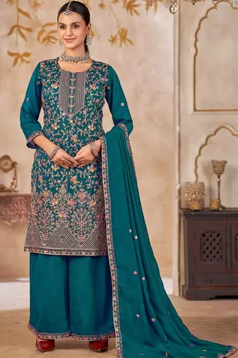Blue vichitra silk readymade plazzo suit with embroidery & lace work