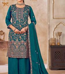 Blue Vichitra Silk Readymade Plazzo Suit With Embroidery & Lace Work